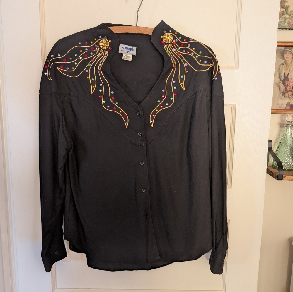 Vintage Western Shirt w rhinestones, gold stitching, Women's Cowgirl Rodeo shirt - Picture 10 of 11